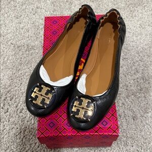 Tory Burch Black Flats with Gold Logo